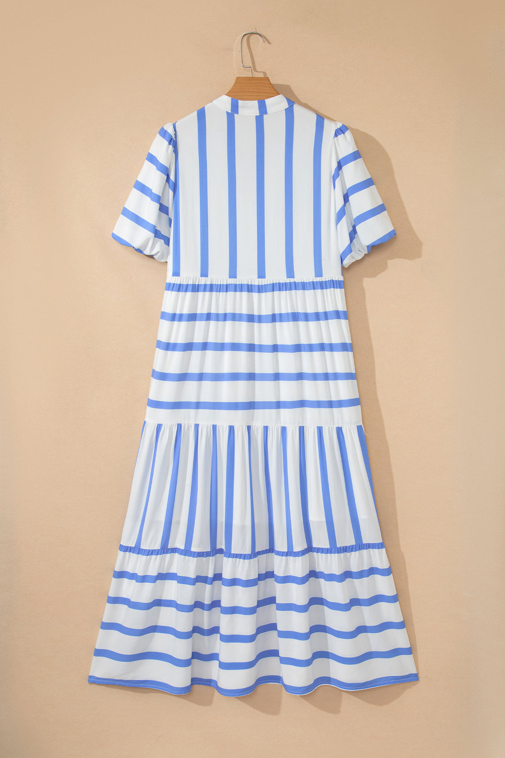Women's Stripe Ricrac Notch V-Neck Puff Sleeve Midi Dress Green Sky Blue S-XL at LivelyLooks