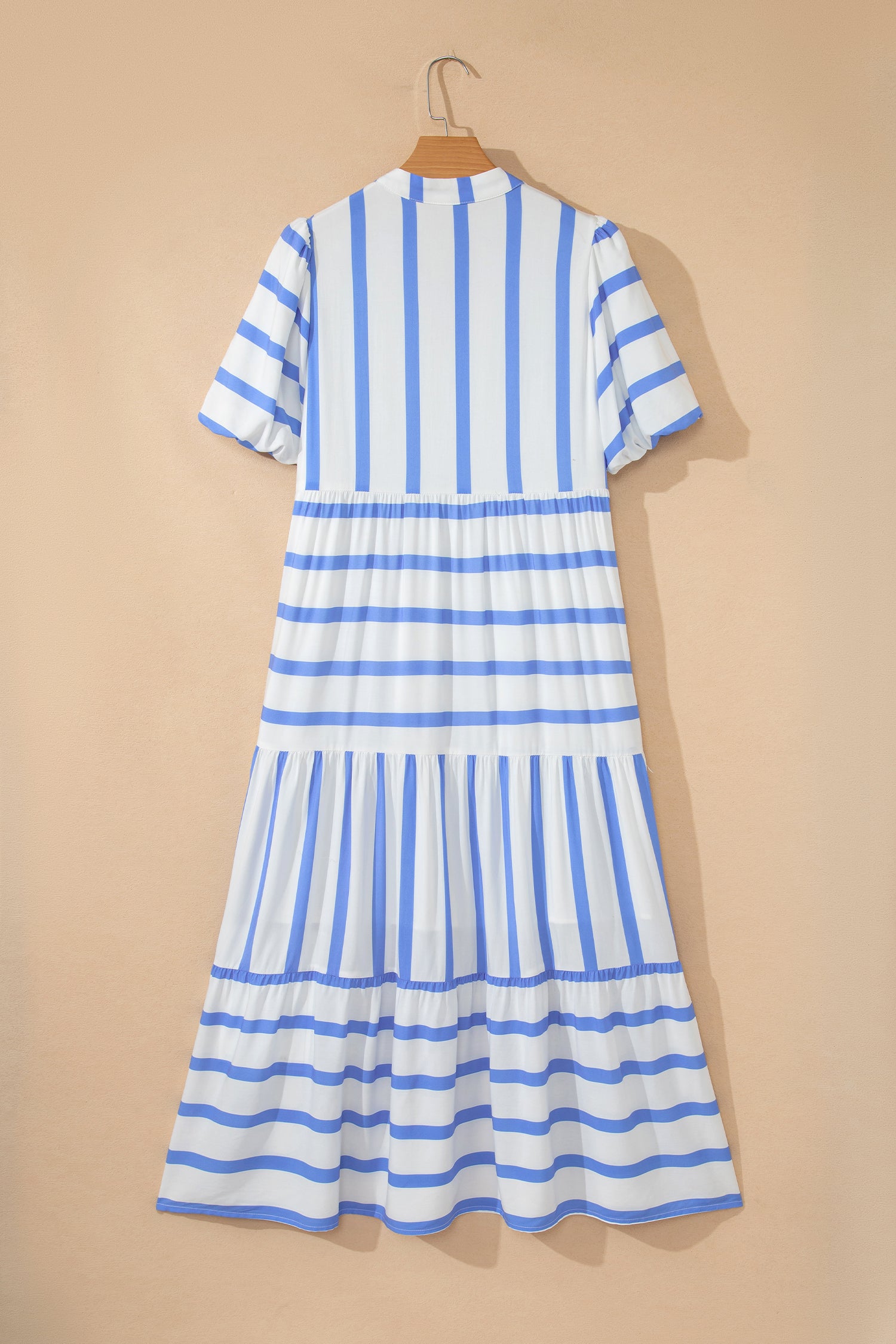 Women's Stripe Ricrac Notch V-Neck Puff Sleeve Midi Dress Green Sky Blue S-XL at LivelyLooks