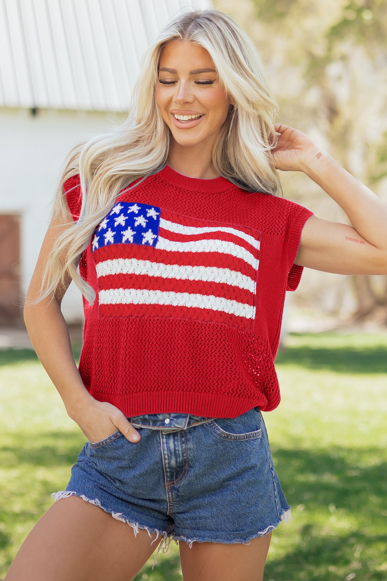 Women's Fiery Red Flag Graphic Short Sleeve Sweater Top at LivelyLooks