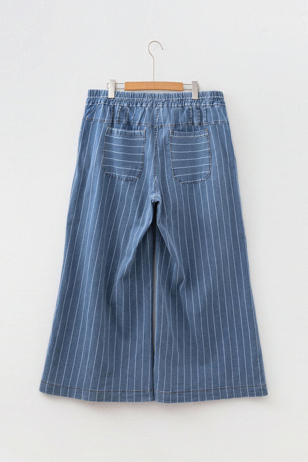 Sky Blue Stripe Plus Size Wide Leg Denim Trousers Button Front Drawstring 1X-4X