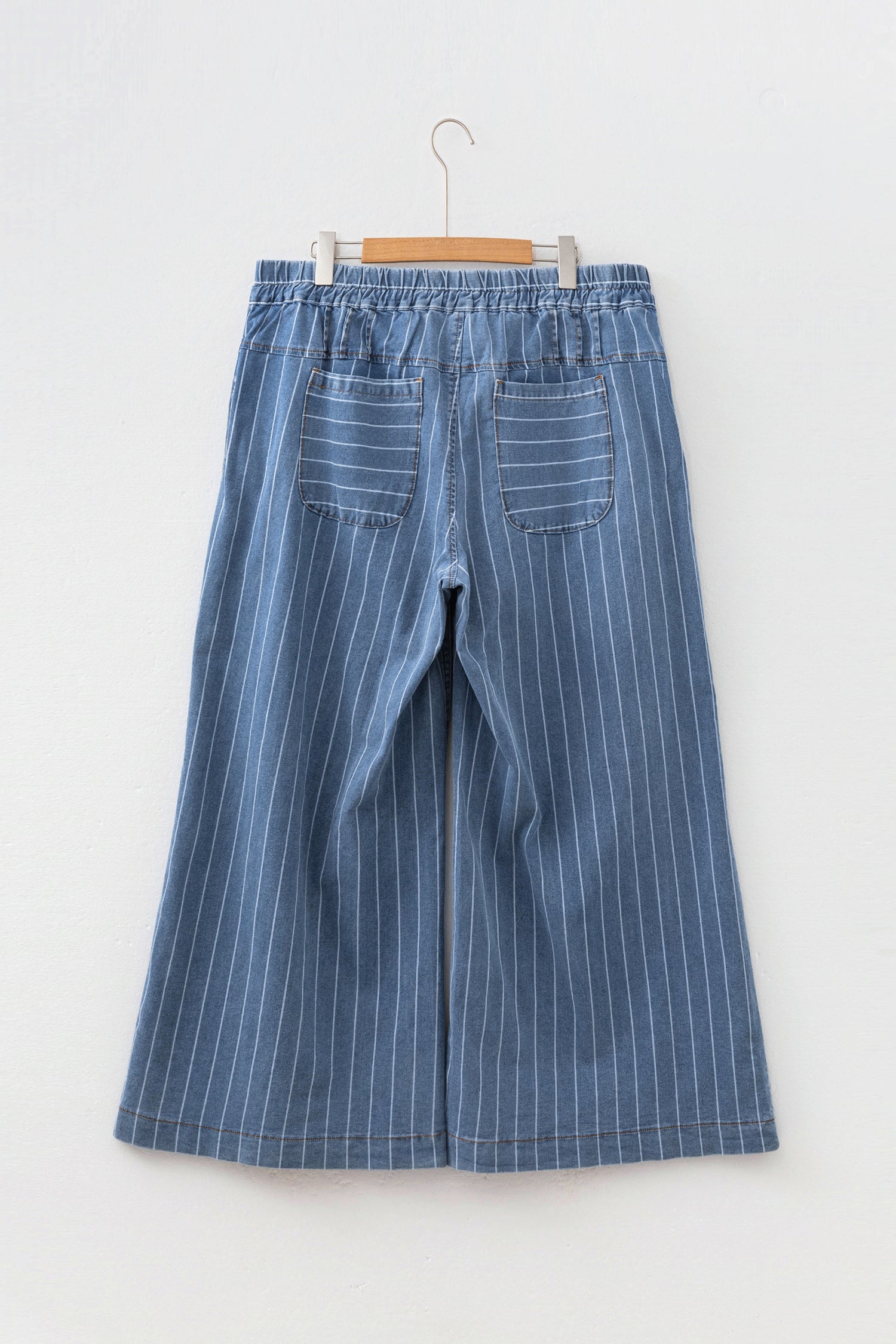 Sky Blue Stripe Plus Size Wide Leg Denim Trousers Button Front Drawstring 1X-4X