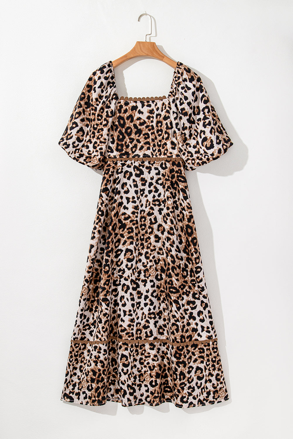 Women's Brown Leopard Print Bubble Sleeve Square Neck Maxi Dress at LivelyLooks