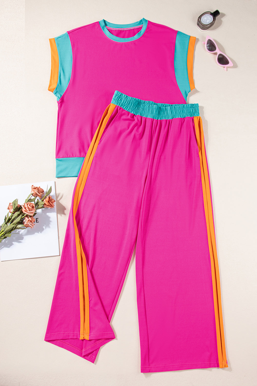 Colour Block Cap Sleeve Tee & Crop Wide Leg Trousers Set | 8 Colours