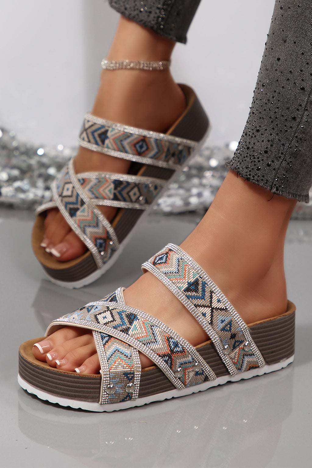 Shop Black Rhinestone Strappy Platform Sandals | Tribal Geometric Flatform at LivelyLooks