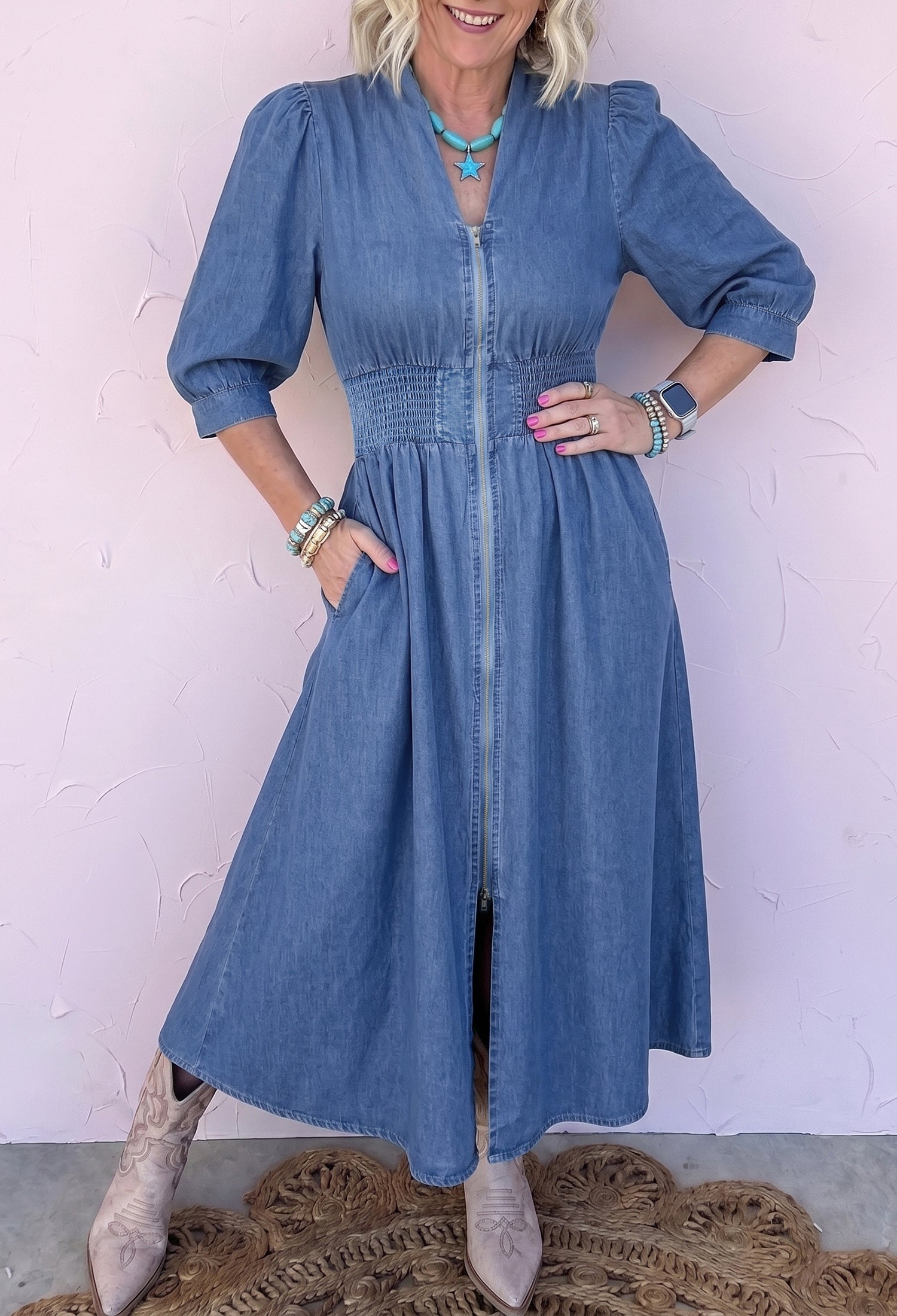 Blue V Neck Shirred Waist Metal Zipper Denim Midi Dress | UK 8–22
