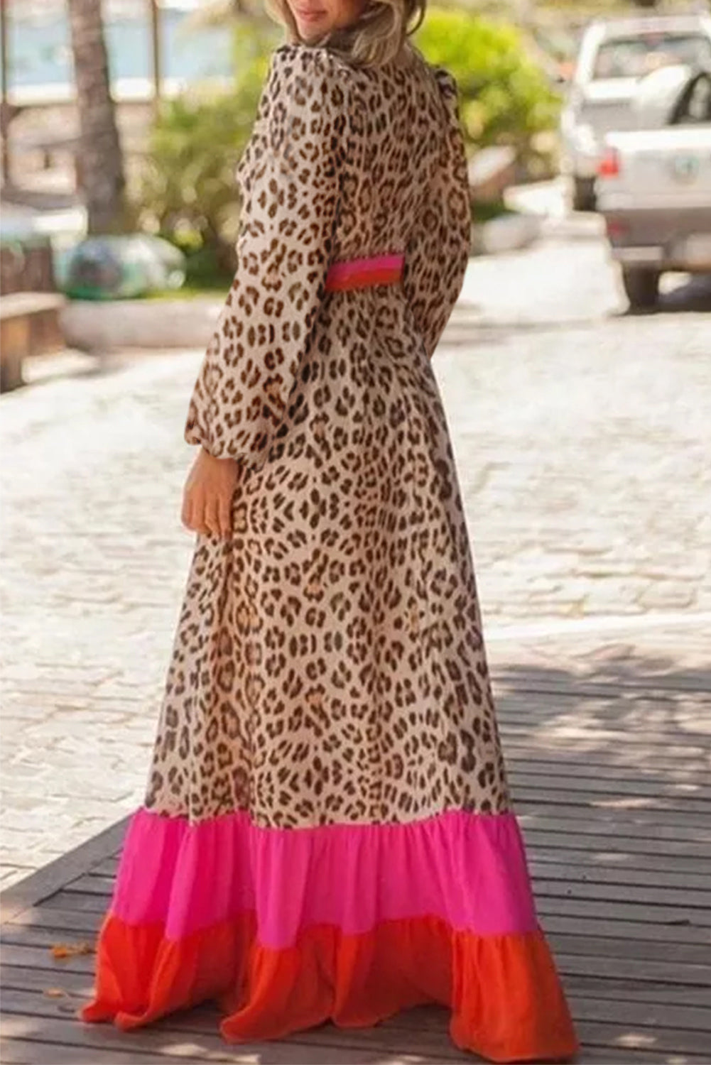 LivelyLooks Brown Leopard Colour Block V-Neck Loose Fit Maxi Dress Animal Print Summer Smock women's fashion