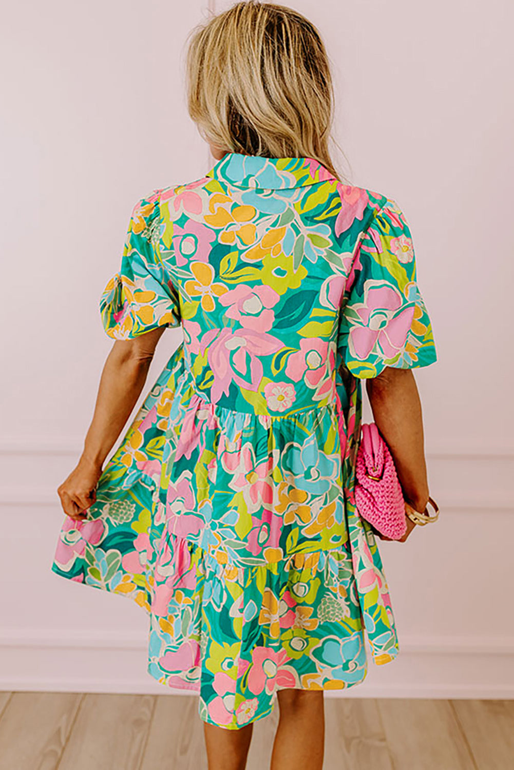 Women's Green Floral Puff Sleeve Collar Buttoned Babydoll Dress Summer Boho Mini Sundress at LivelyLooks