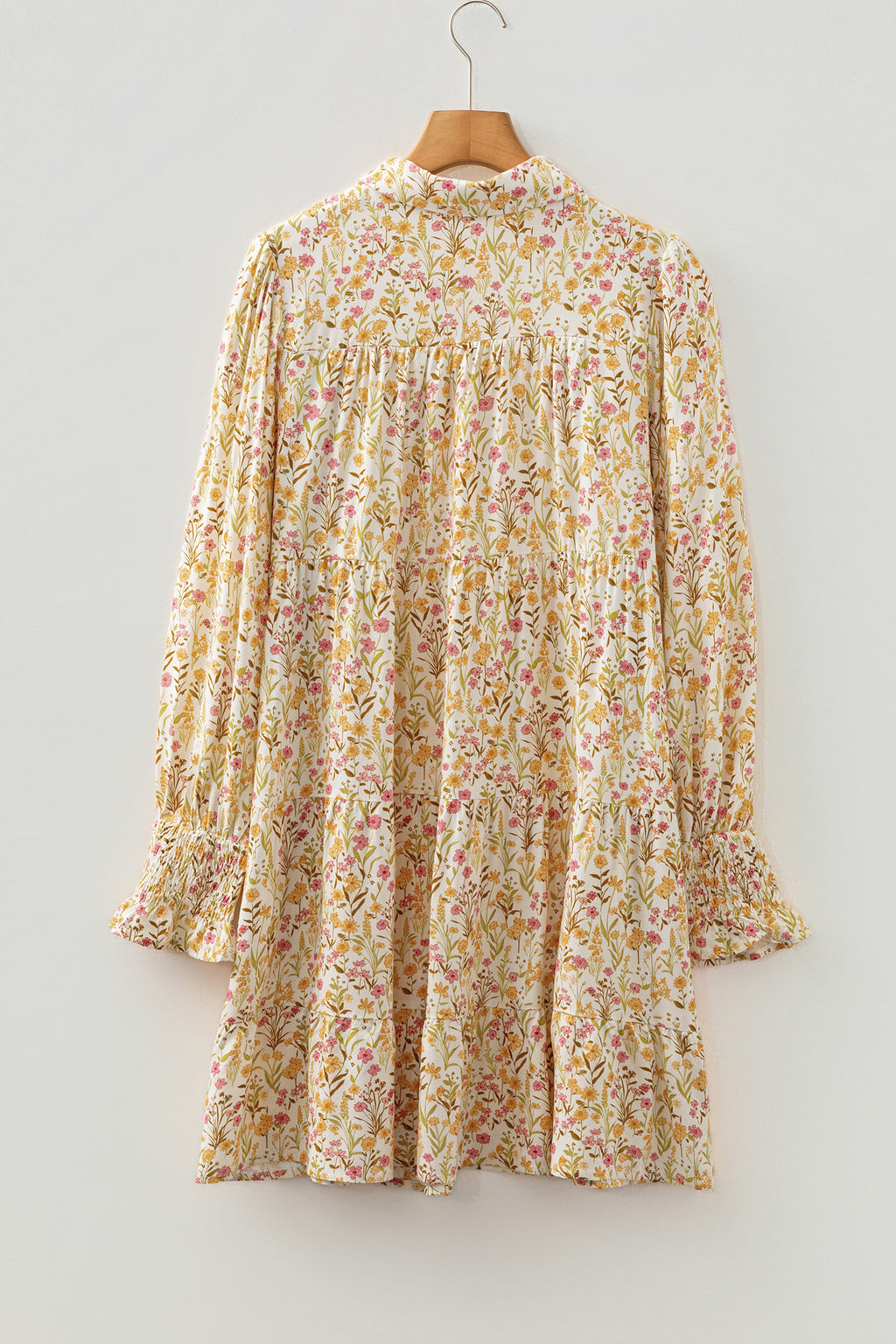 Yellow Floral Print Smocked Cuff Long Sleeve Loose Shirt Mini Dress | UK 8-22