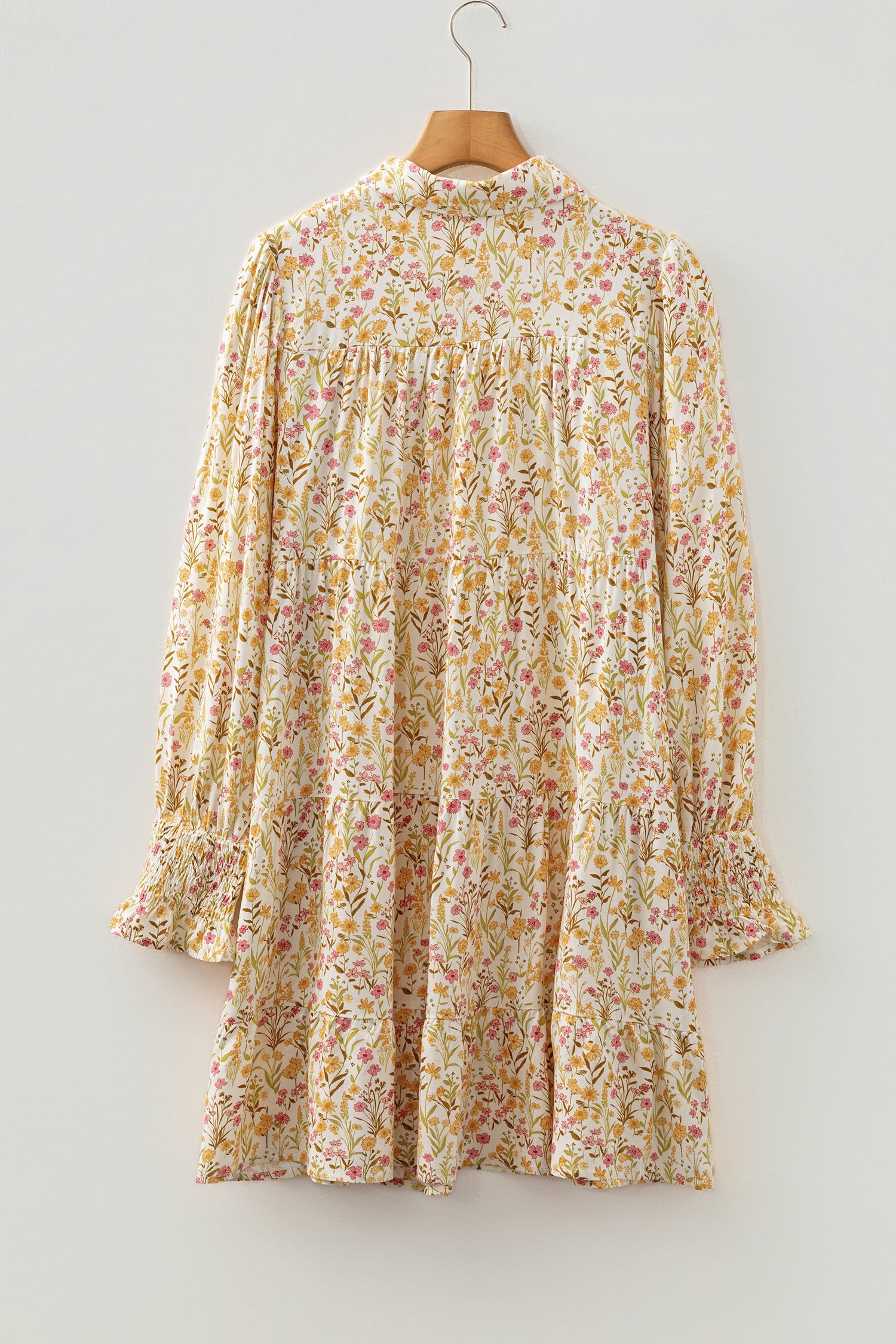 Yellow Floral Print Smocked Cuff Long Sleeve Loose Shirt Mini Dress | UK 8-22