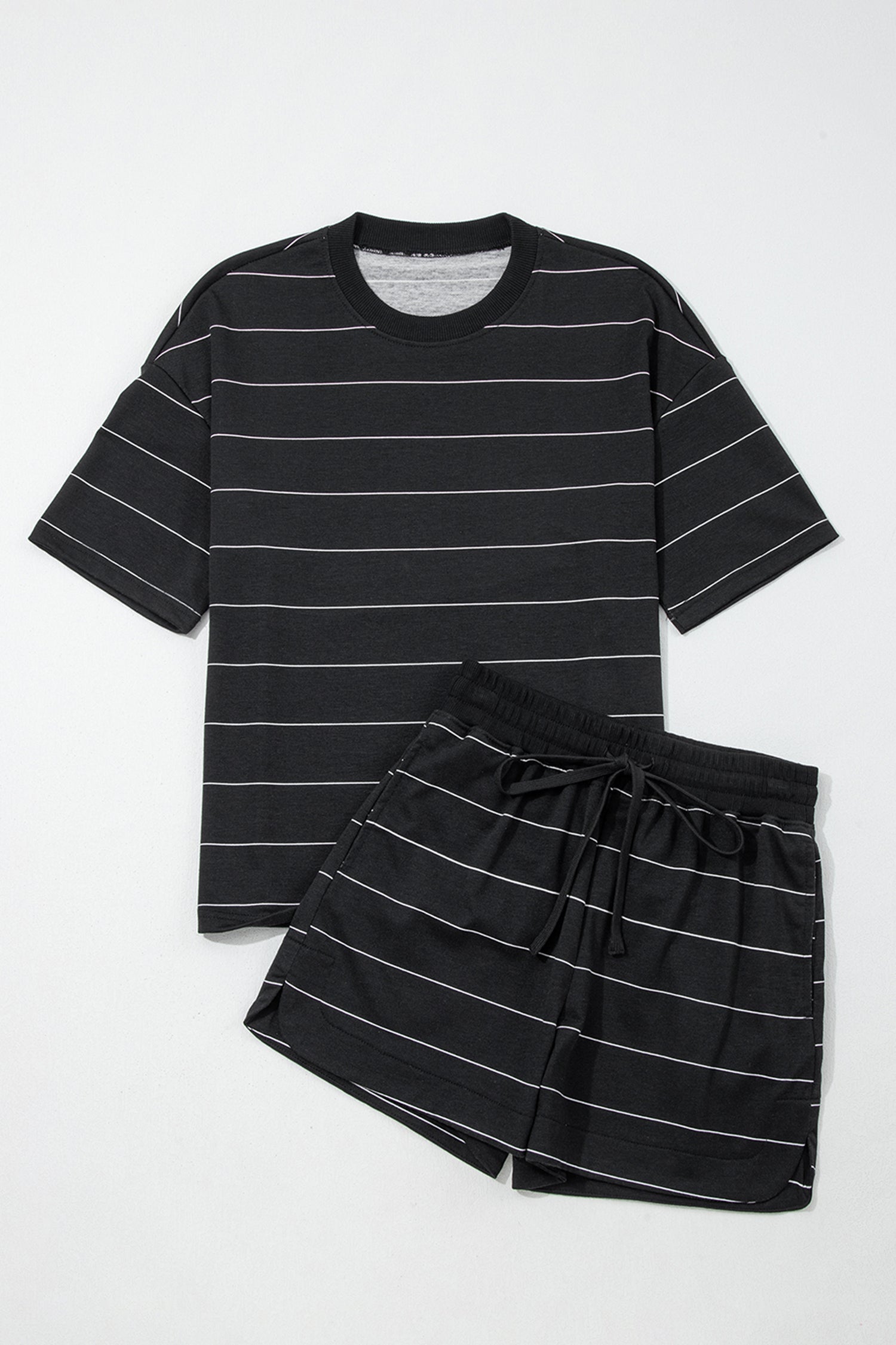 Stripe Half Sleeve Tee & Drawstring Shorts Co-ord Set – White & Black