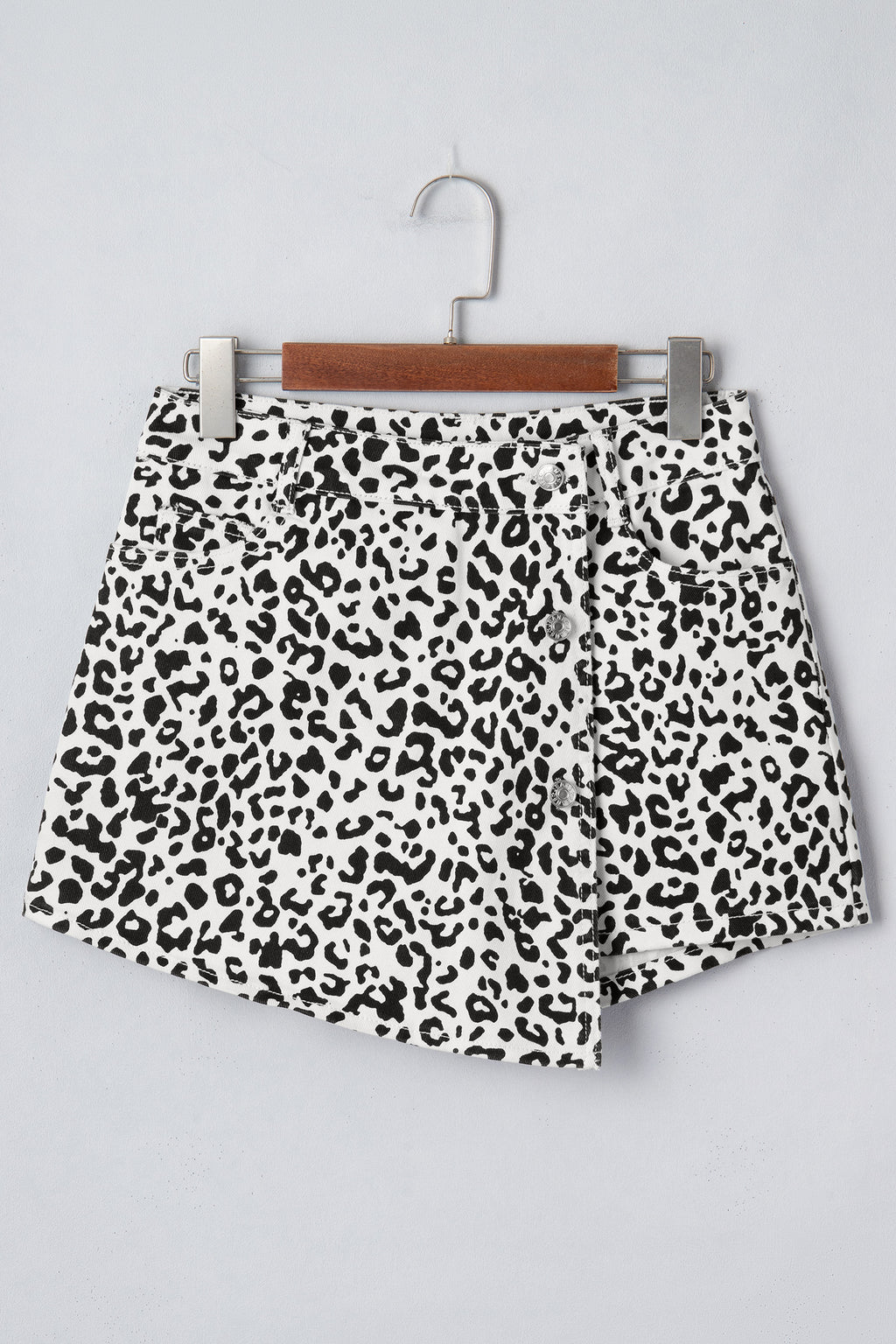 Leopard Print Button Overlap Denim Shorts | Brown