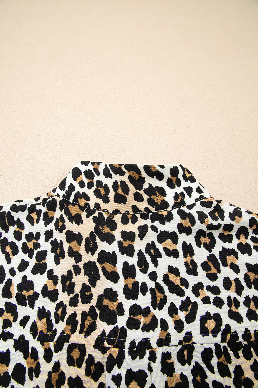 Women's Multicolour Half Buttons Short Sleeve Loose Leopard Mini Dress with Pockets at LivelyLooks
