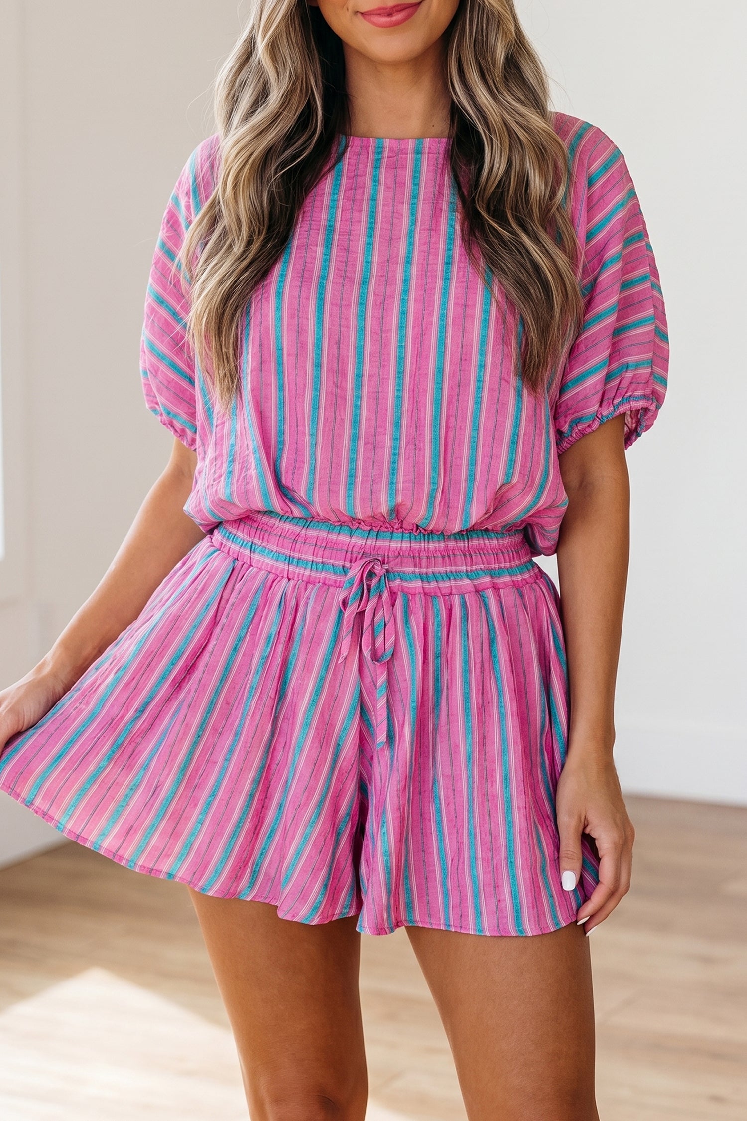 Women's Pink Stripe Co-ord Short Set | Dolman Sleeve & Drawstring Waist | S-XL at LivelyLooks