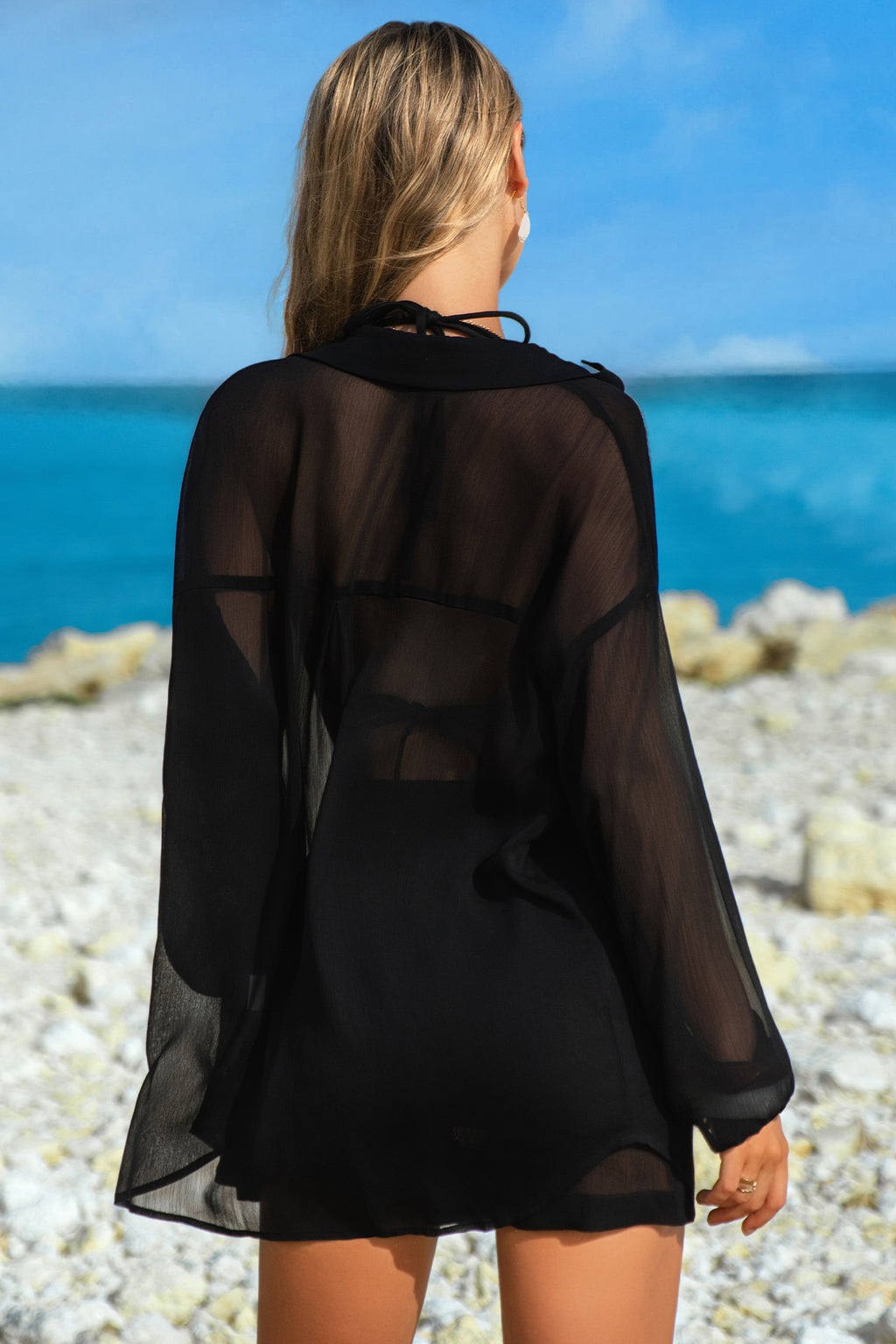 Women's Women Sheer Tunic Shirt Drawstring Shorts 2 Piece Swim Cover Up Set Blue Black S-XL at LivelyLooks