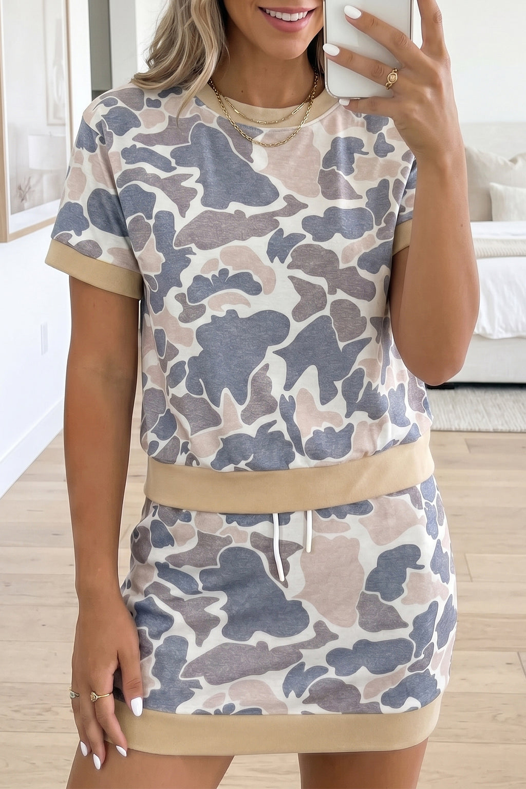 Retro Camo Colour Block Ribbed Trim Top & Skort Set – Multicolour