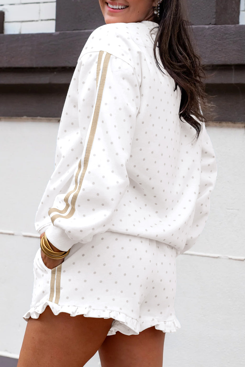 White Polka Dot Side Stripe Casual Sweatshirt & Shorts Set | UK 8–22