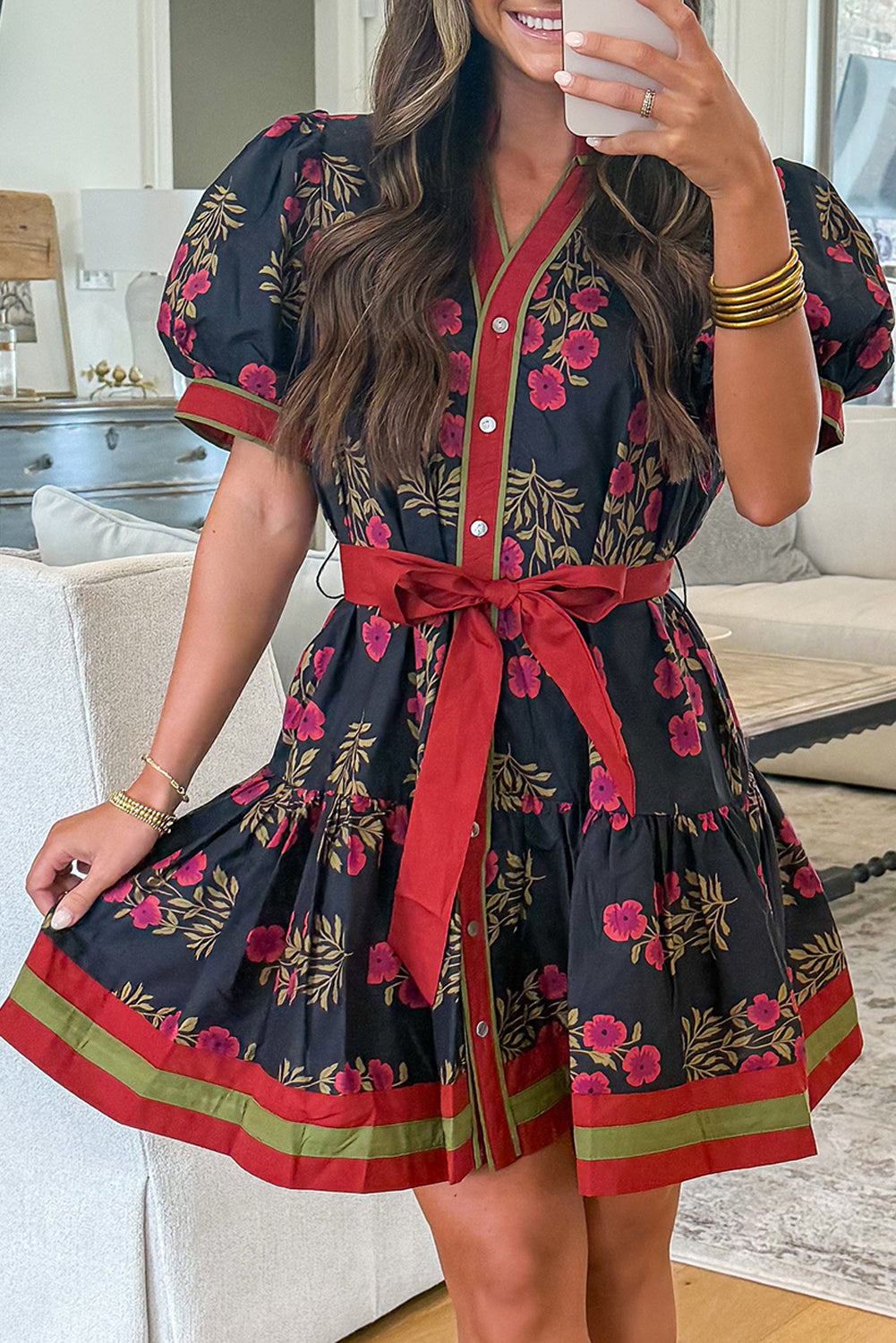 Black Retro Floral Belted Puff Sleeve Button Down Mini Dress