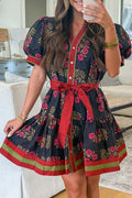 Black Retro Floral Belted Puff Sleeve Button Down Mini Dress