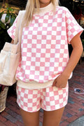 Shop Pink Checkered Print Colour Block Trim Mock Neck Short Set Two Piece Co-ord PJ at LivelyLooks