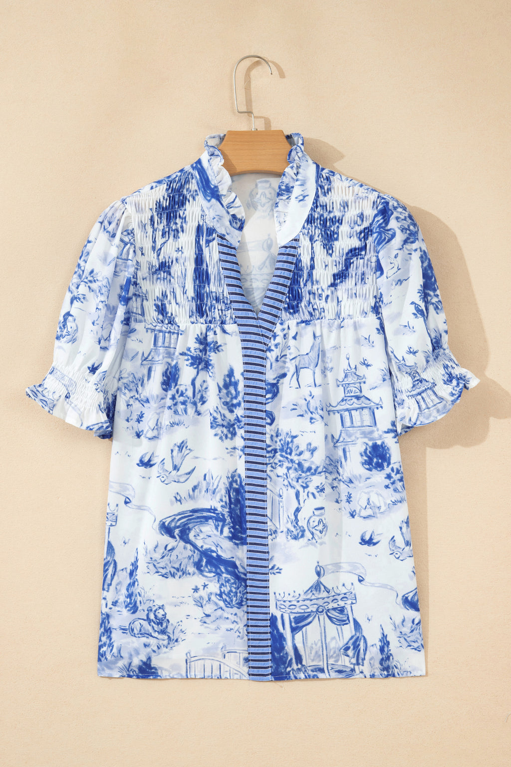 Blue Wild Animal Print Blouse Striped Detail V Neck Short Sleeve Women S-XL