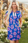 Purple Floral Striped Quarter Zip Cap Sleeve Drawstring Waist Mini Dress S-XL
