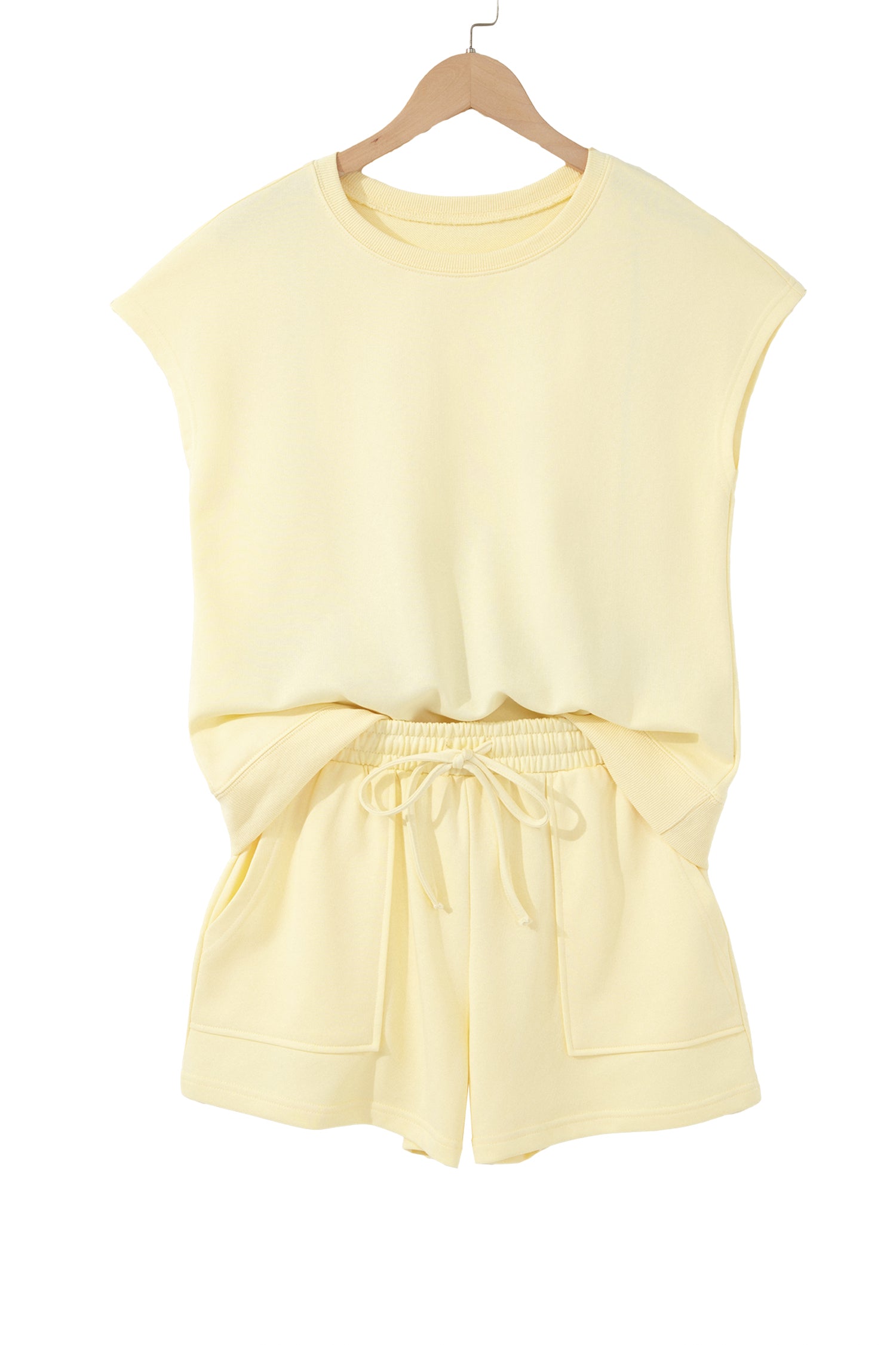 Yellow Cream Solid Tee & Drawstring Shorts Comfy 2-Piece Set