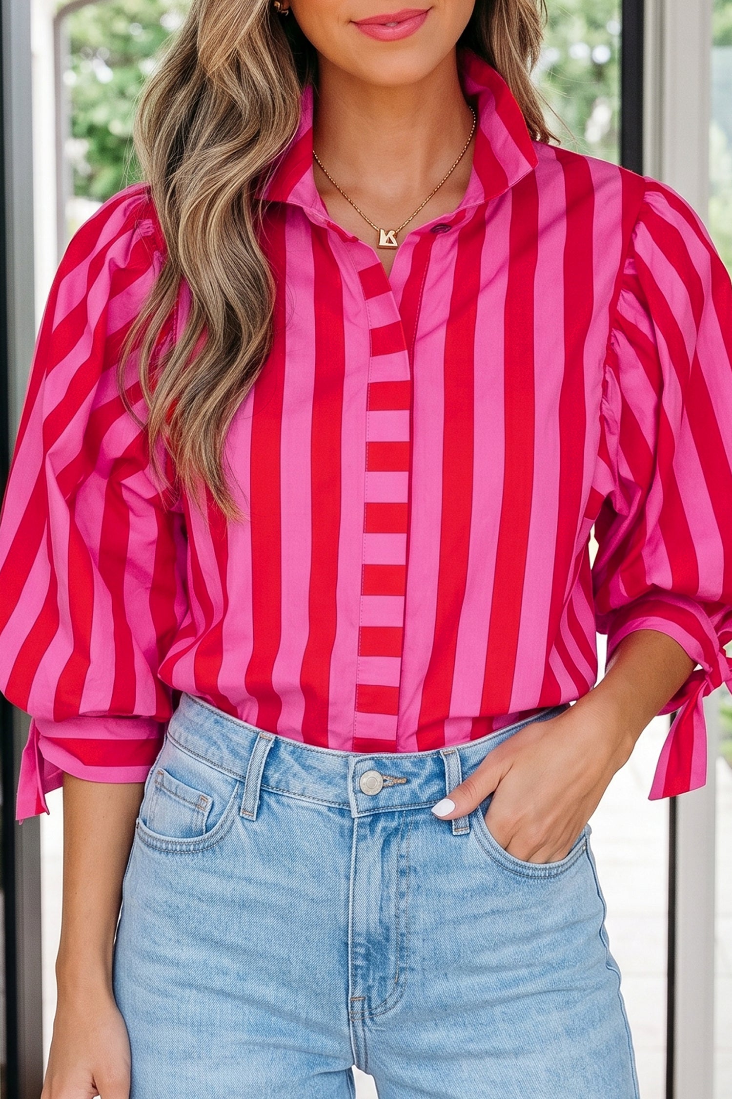Stripe Tie Puff Sleeve Women's Button Down Shirt