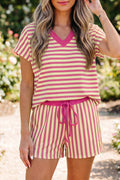 Stripe Colour Block V Neck Tee & Drawstring Shorts Set Pink Green Women S-XL