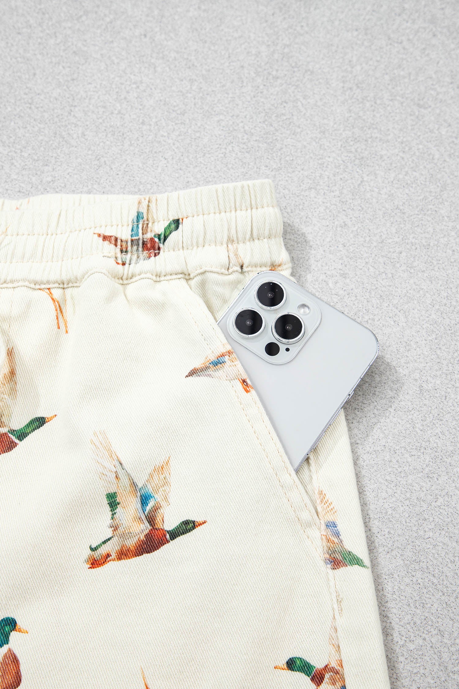 Beige Mallard Print Drawstring Denim Shorts UK 4-16
