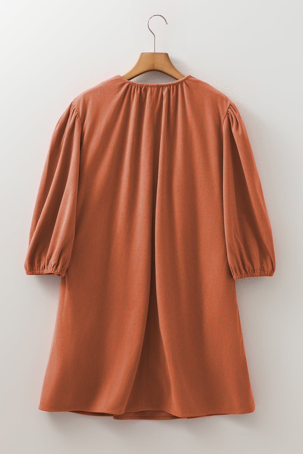 Corduroy Mini Dress Scallop Detail Split Neck Bracelet Sleeve Moss Green Cinnamon S-XL