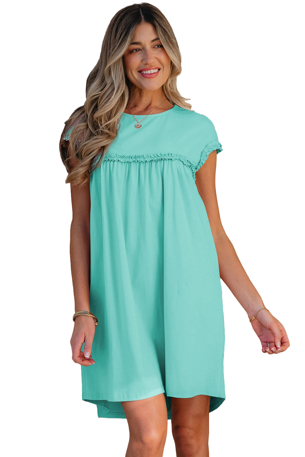 Beige & Mint Green Frilled Trim Crew Neck Loose Mini Dress S-XL