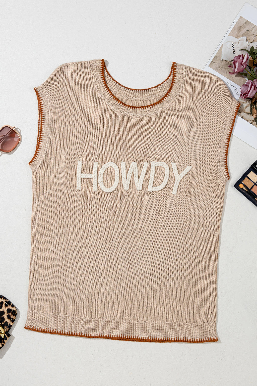 LivelyLooks HOWDY Western Knit Sweater Contrast Trim Short Sleeve women's fashion