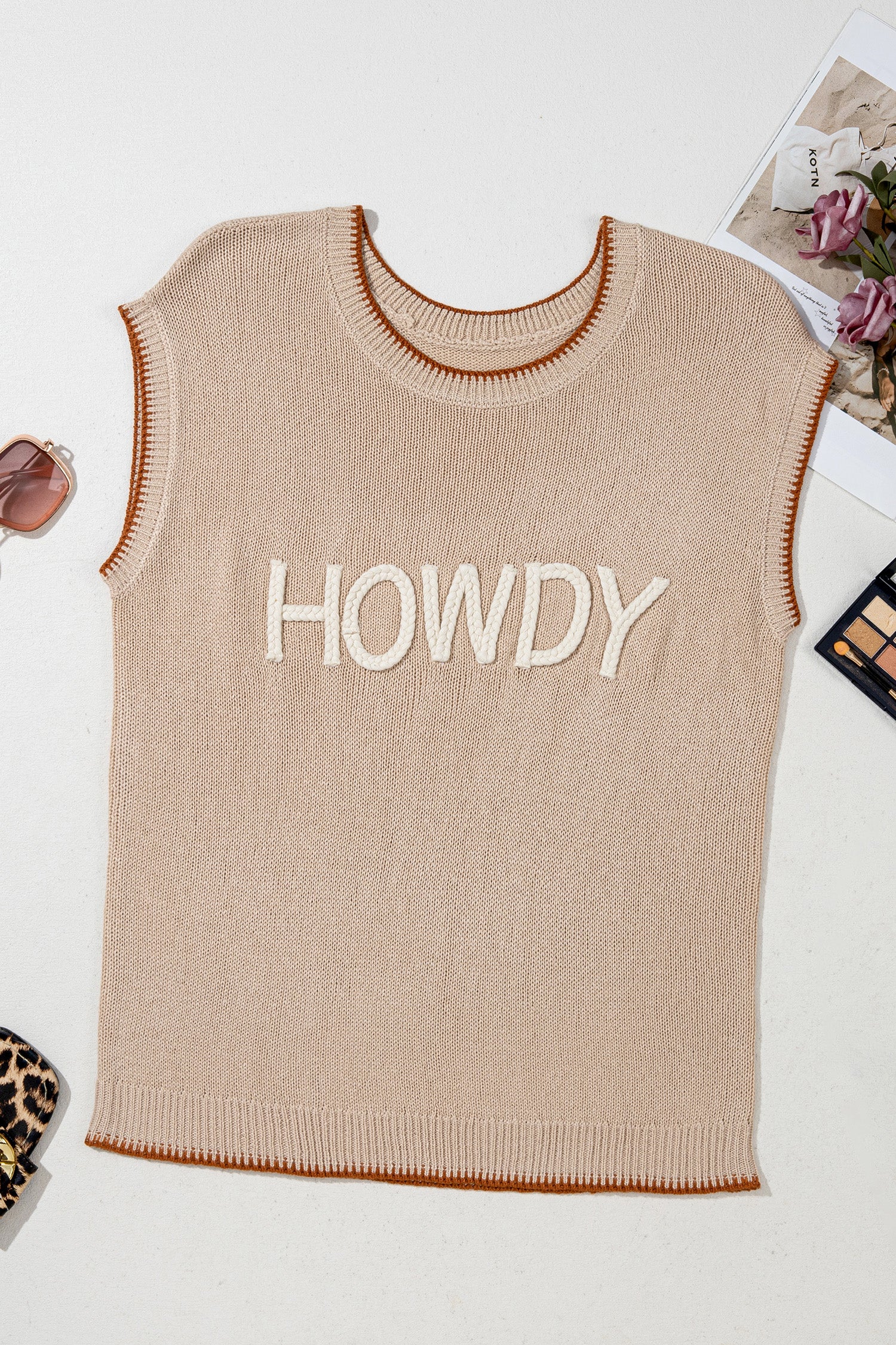 LivelyLooks HOWDY Western Knit Sweater Contrast Trim Short Sleeve women's fashion