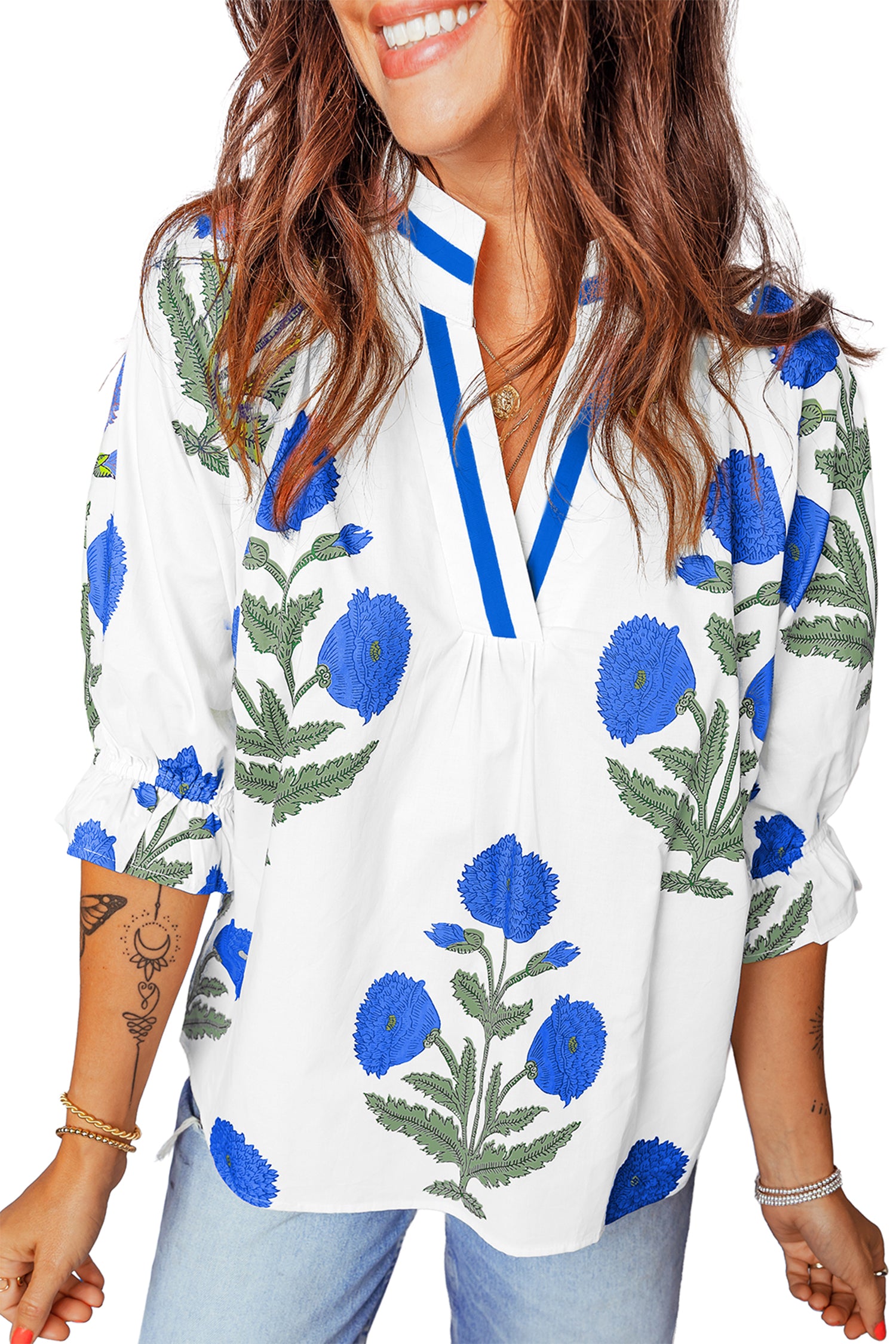LivelyLooks Green Casual Wild Flower Print V Neck 3/4 Sleeve Blouse women's fashion