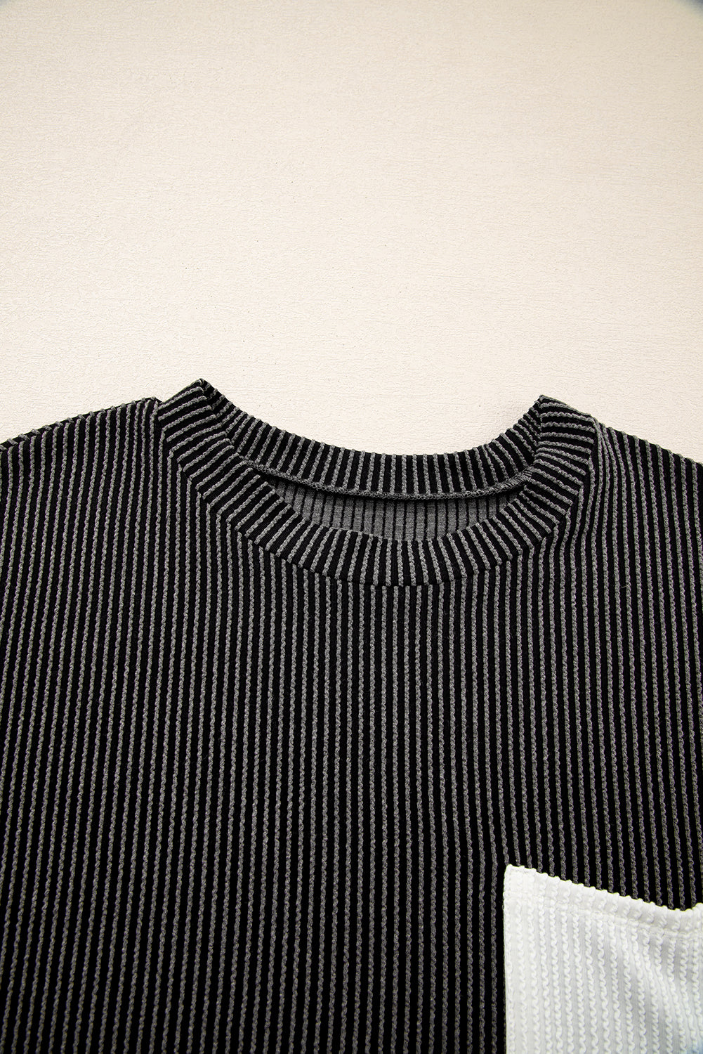 Corded Rib Knit Colour Block Patch Pocket Crew Neck Tee | Pink Blue Grey