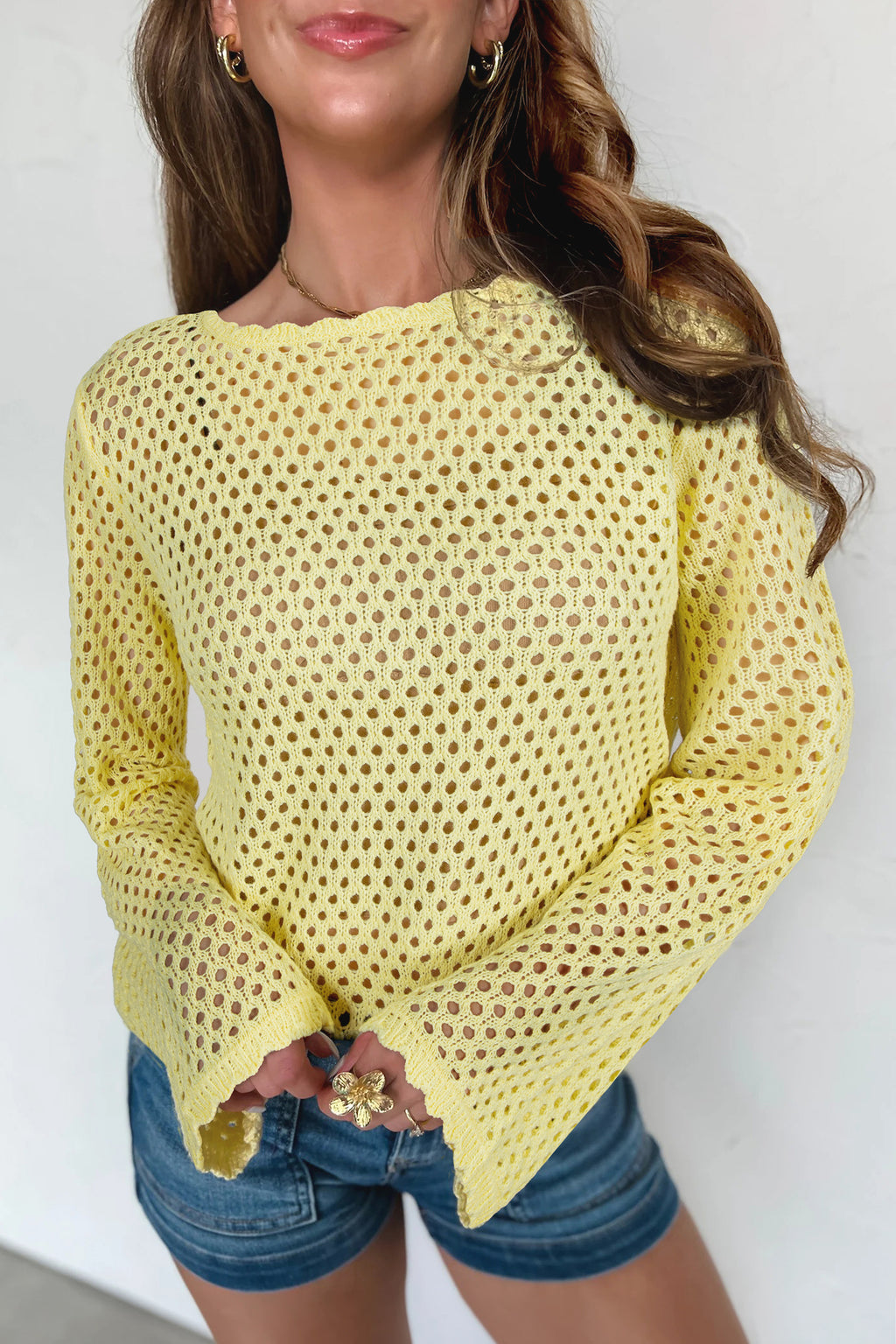 LivelyLooks Yellow Cream Scalloped Trim Hollow Out Knit Long Sleeve Top women's fashion