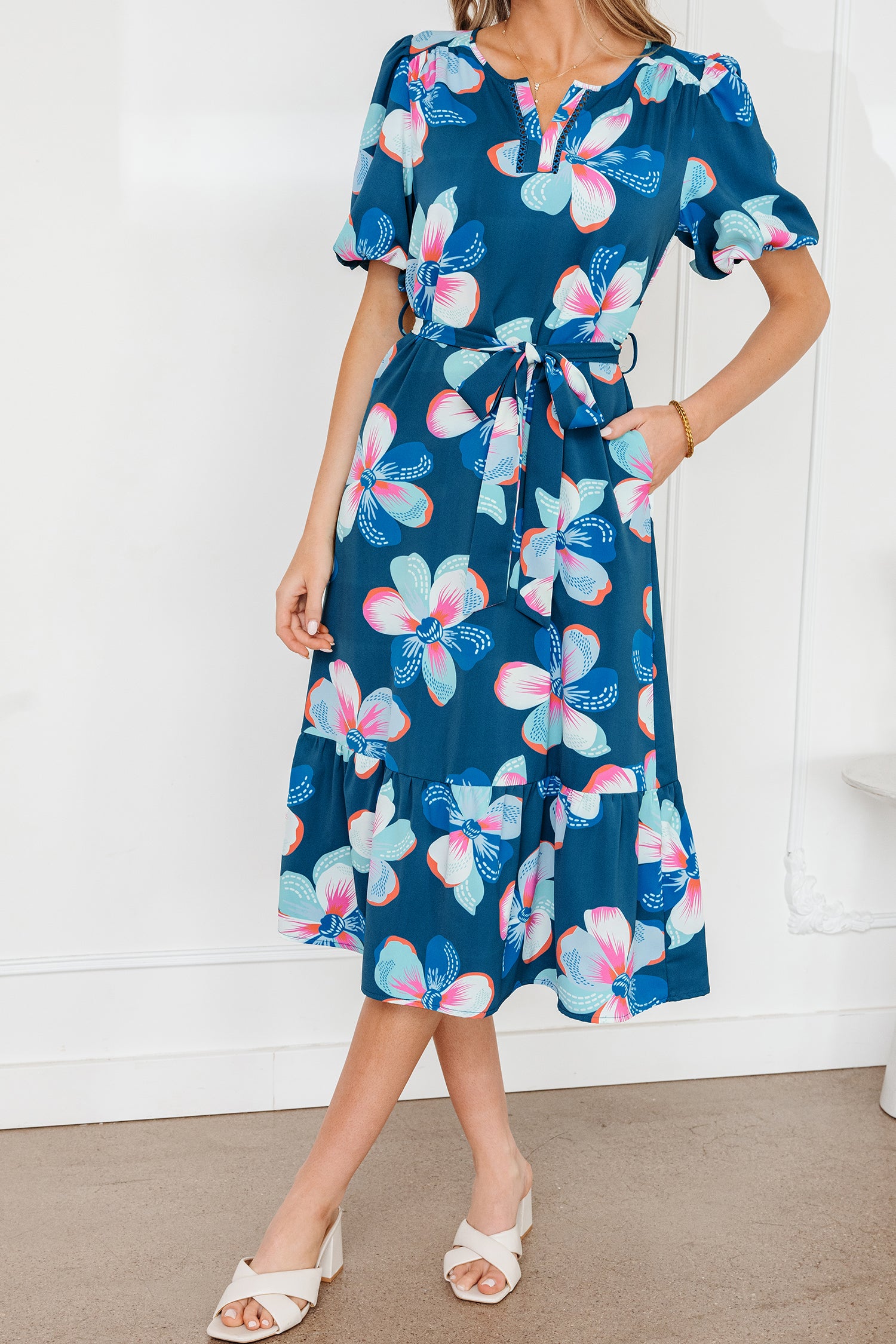 Blue Floral Puff Sleeve Ruffle Hem Belted Long Dress S-XL