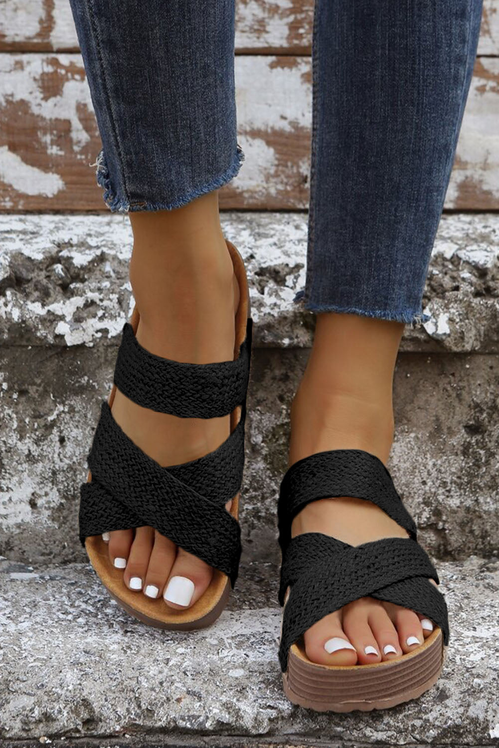 LivelyLooks Woven Crisscross Platform Slip-On Sandals Beige Brown Black EU37-42 women's fashion