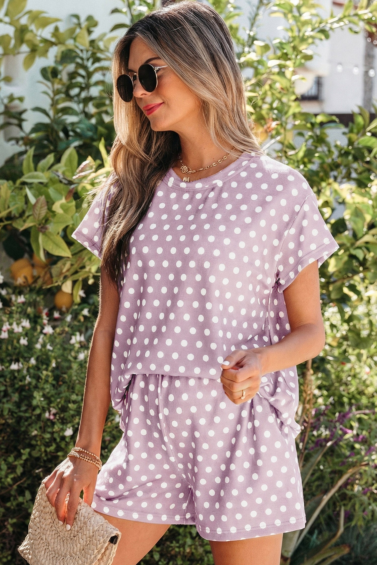 Women's Polka Dot Print Short Sleeve Top & Shorts Co-ord Set S-2XL at LivelyLooks