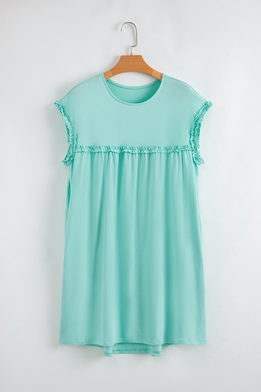 Beige & Mint Green Frilled Trim Crew Neck Loose Mini Dress S-XL