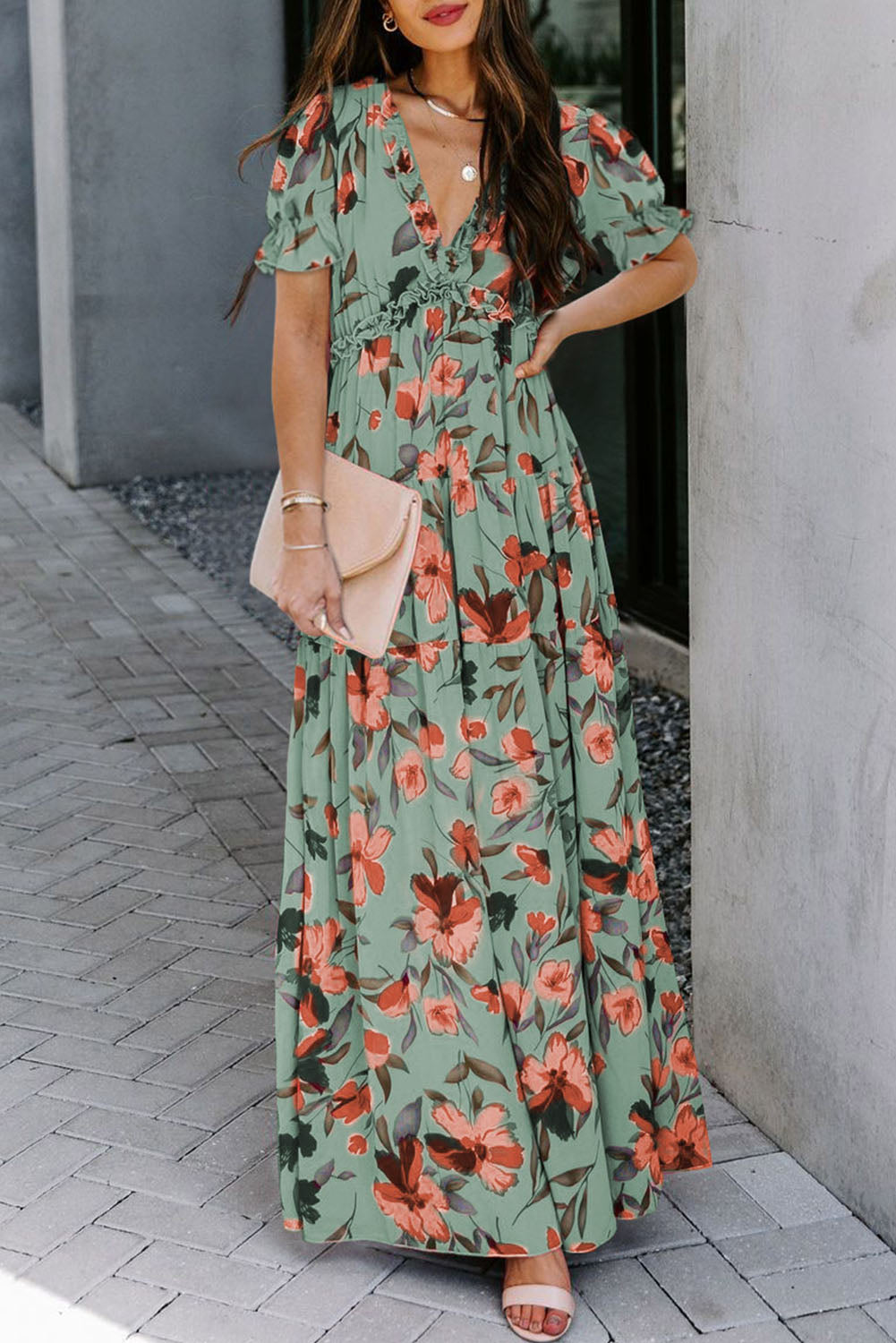 Women's Floral Print Frilled V-Neck Short Sleeve Maxi Dress Blue Black Green S-XL at LivelyLooks