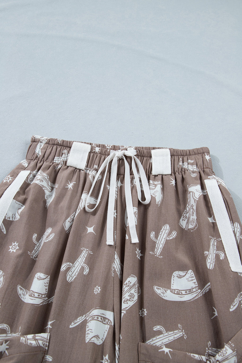 Khaki Western Cactus Cowgirl Print Vintage Drawstring Jogger Pants
