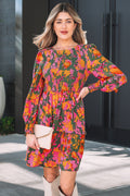 Multicolour Floral Print Long Sleeve Smocked Ruffled Mini Dress | UK 8–22