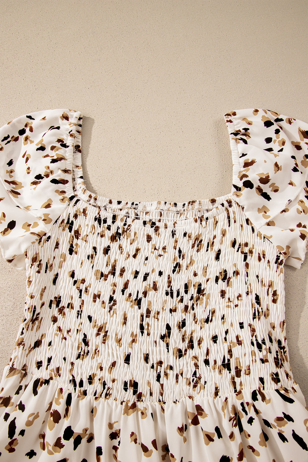 Women's Beige Ditsy Floral Smocked Square Neck Ruffle Sleeve Midi Dress S-XL at LivelyLooks