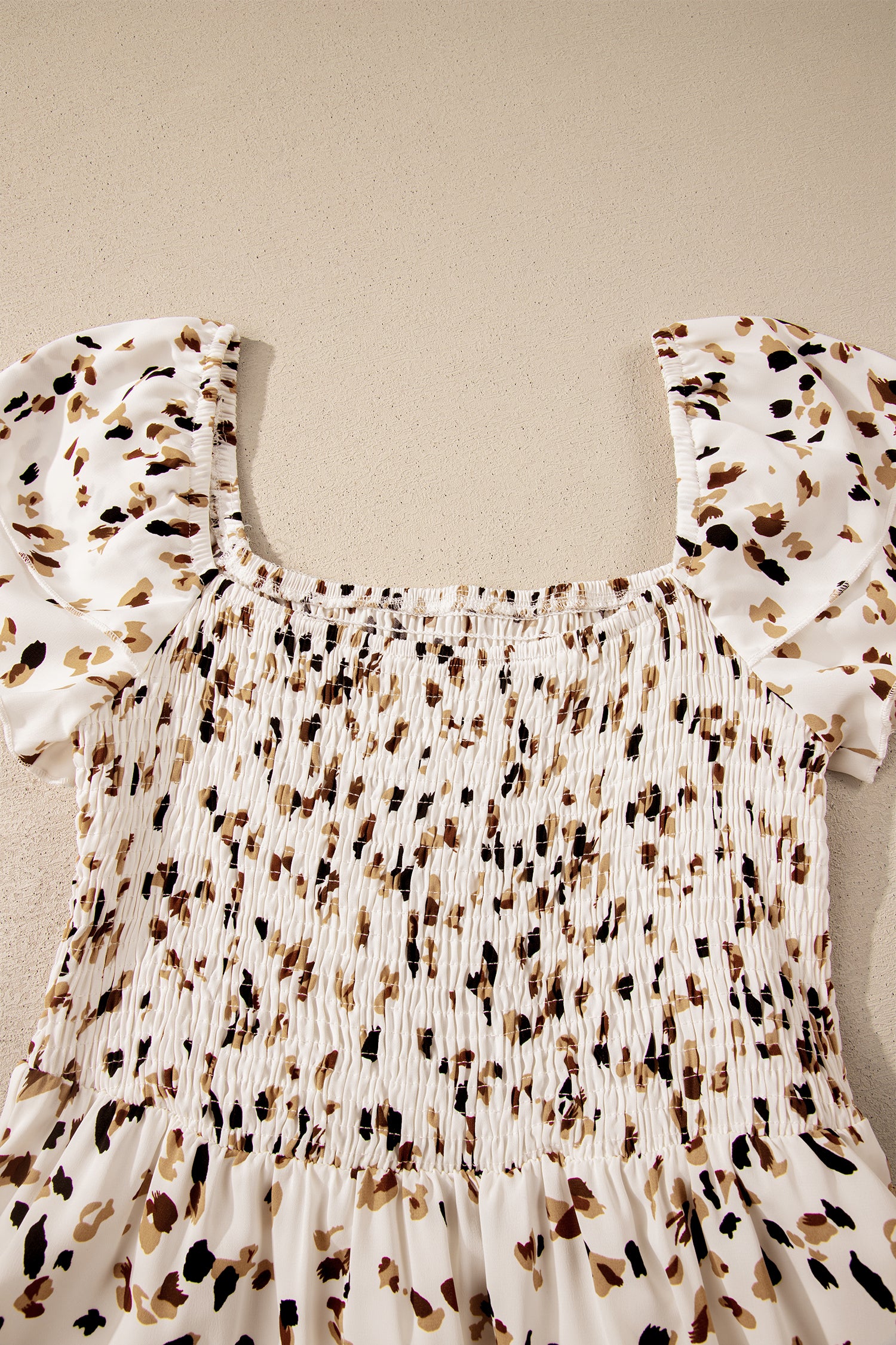Women's Beige Ditsy Floral Smocked Square Neck Ruffle Sleeve Midi Dress S-XL at LivelyLooks