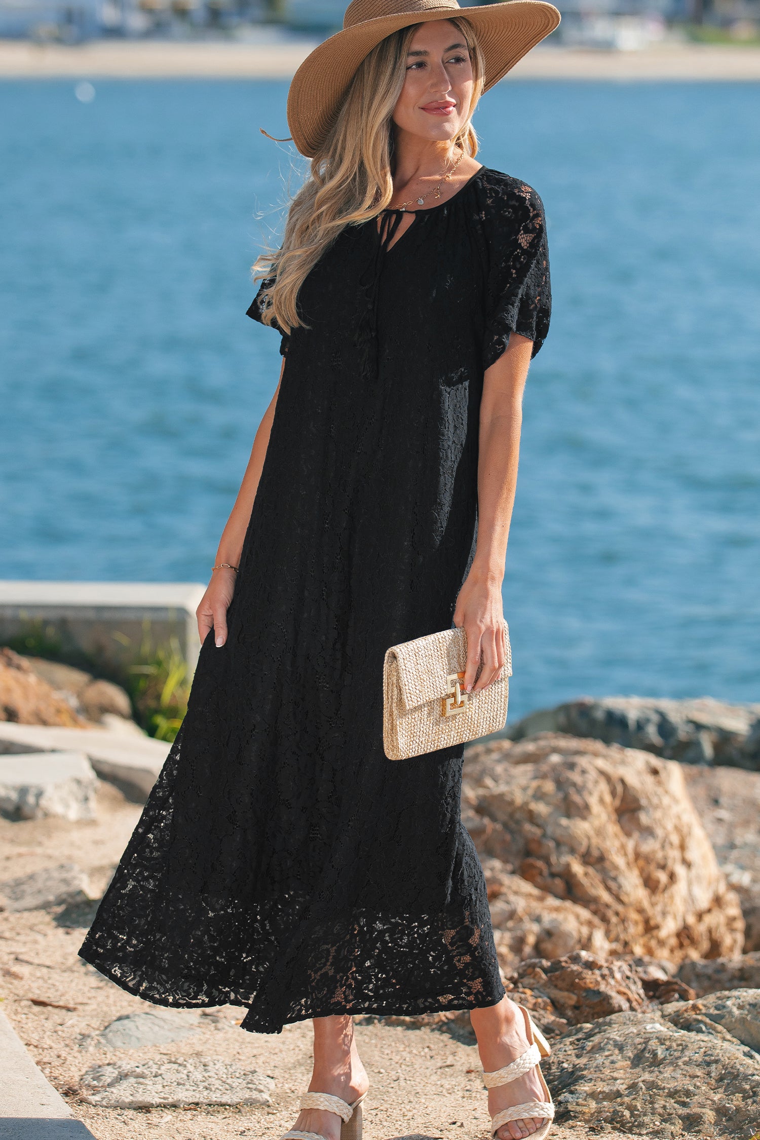 Black Floral Lace Overlay Tassel Tie Beach Vacation Maxi Dress S-XL