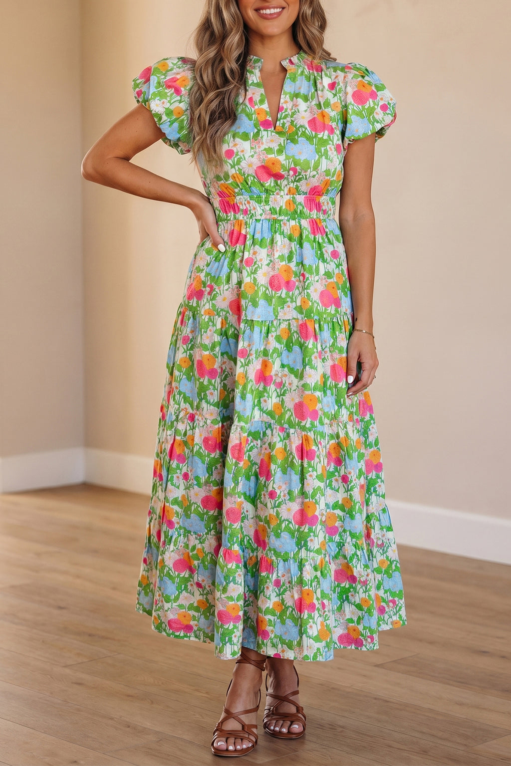 Women's Green Floral Print V-Neck Puff Sleeve Cotton Maxi Dress at LivelyLooks