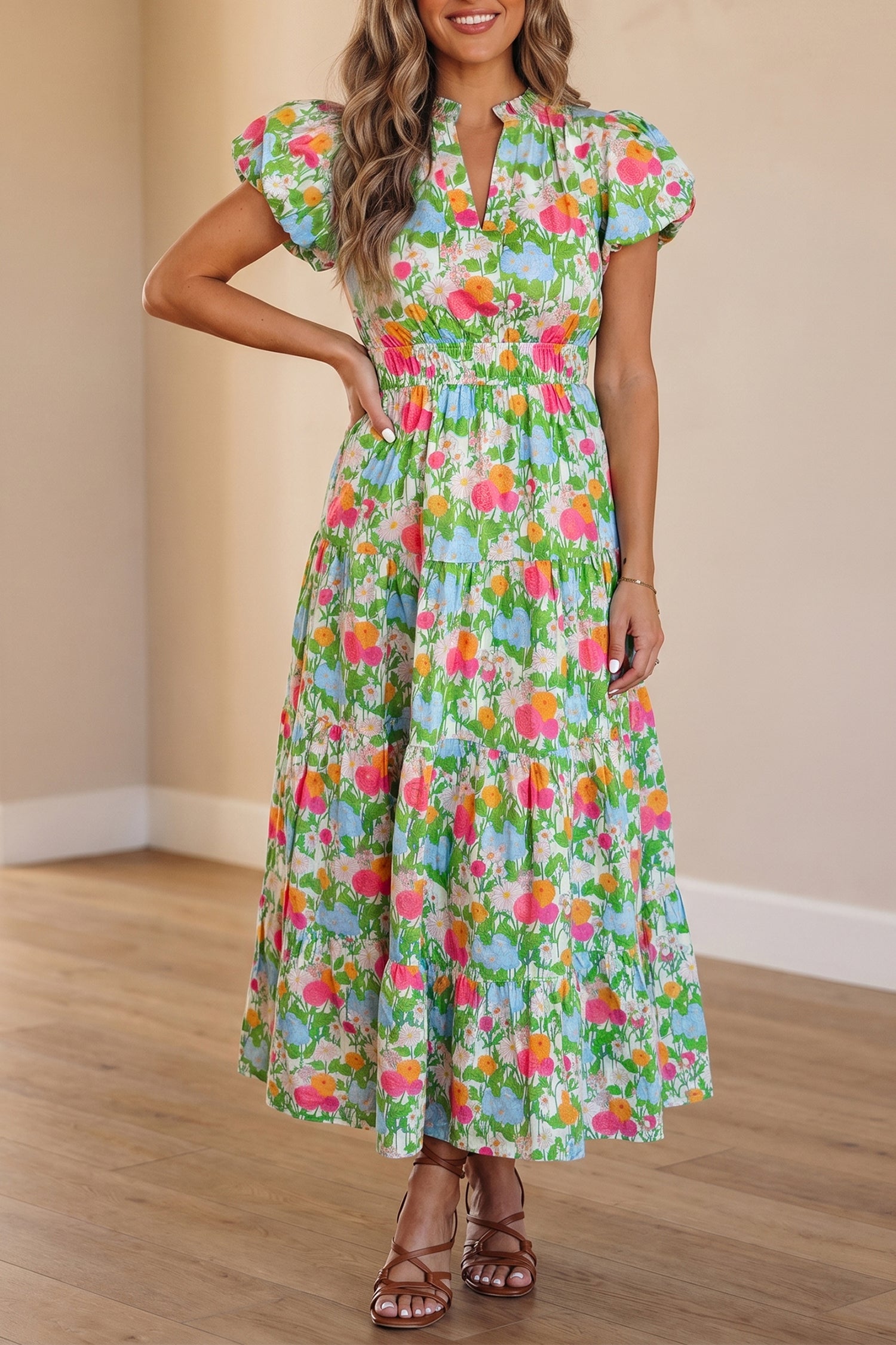 Women's Green Floral Print V-Neck Puff Sleeve Cotton Maxi Dress at LivelyLooks