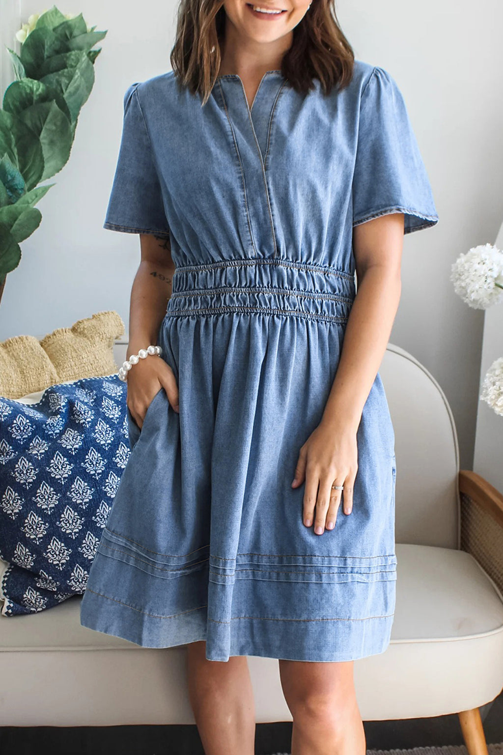 Blue Denim Elastic Waist Short Sleeve Mini Dress S-XL