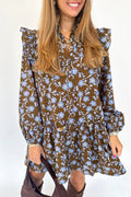 Brown Floral Print Shirt Dress Ruffled Detail Collar Button Down Long Sleeve Women S-XL